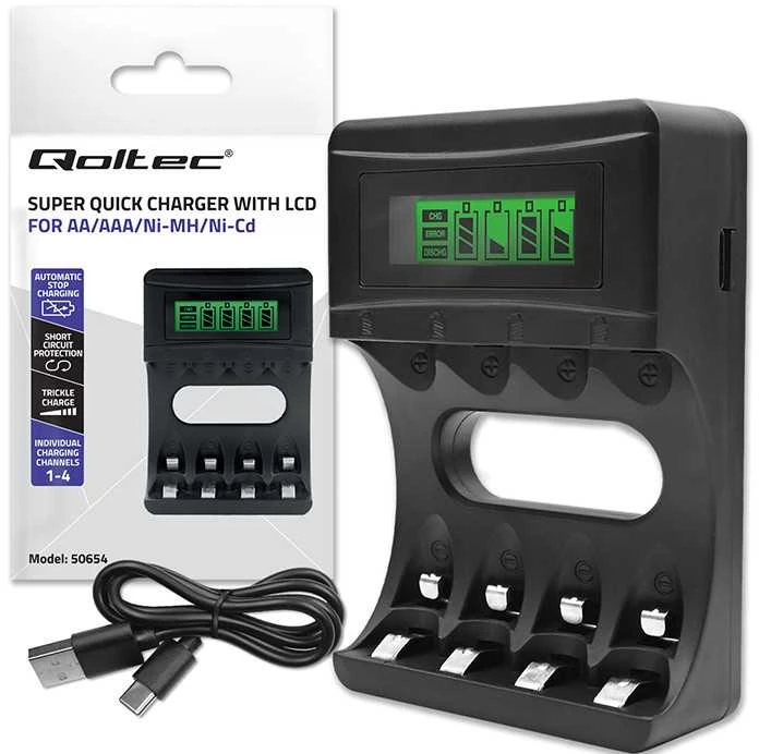 Qoltec Ni-MH AAA AA baterijų įkroviklis su LCD ir USB kabeliu