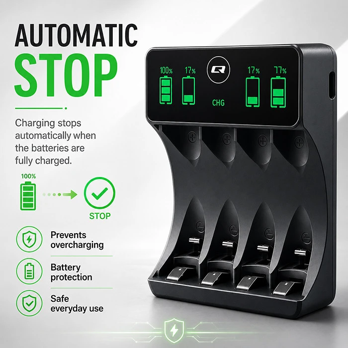 Qoltec Įkroviklis do akumulatorków Ni-MH typu R03 AAA R6 AA | LCD | Kabelis USB-C | Juoda