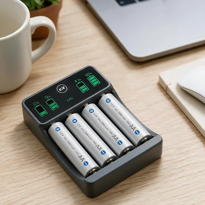 Qoltec Įkroviklis do akumulatorków Ni-MH typu R03 AAA R6 AA | LCD | Kabelis USB-C | Juoda