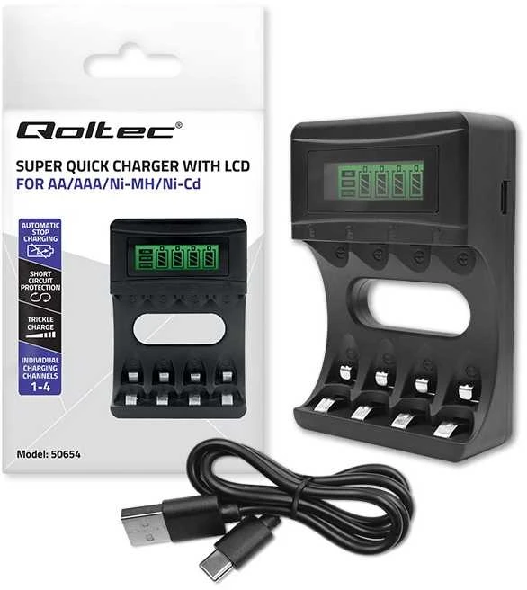 Qoltec Ni-MH AAA AA baterijų įkroviklis su LCD ir USB kabeliu