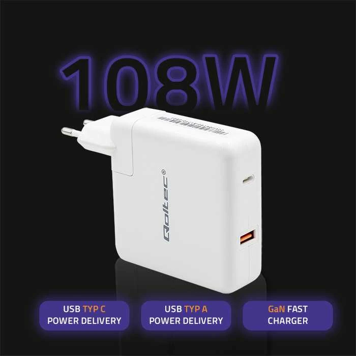 QOLTEC 51710 maitinimo įkroviklis GaN Fast 108W 5 20V 3 4.7A USB C Baltas