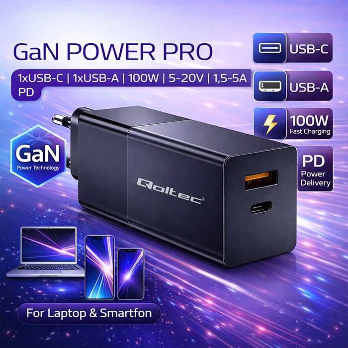 Įkroviklis - Qoltec 52382 GaN 100W PD USB Type-C ir A Juodas