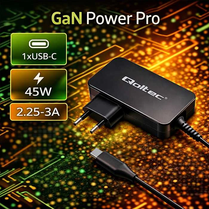 Išorinis Įkroviklis - Qoltec 52385 GaN POWER PRO - 1xUSB-C - 45W Juoda