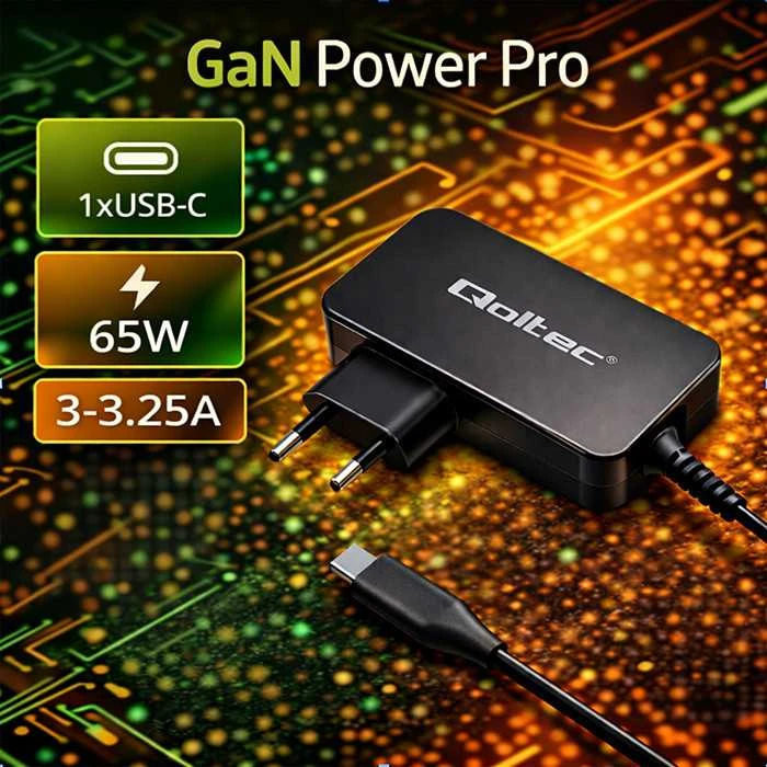 Įkroviklis - Qoltec 52386 GaN POWER PRO | 1xUSB-C | 65W | 5-20V | 3-3.25A | Juodas