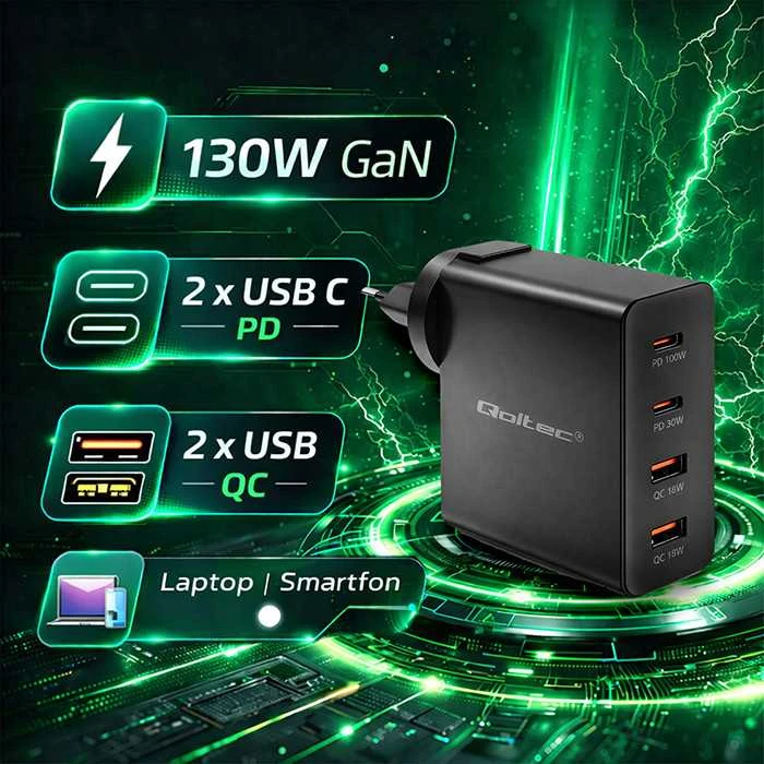 Adapteris Įkroviklis gan power pro 2xusb-c 2xusb 130w 5-20v 1.5-5a pd juodas Qoltec