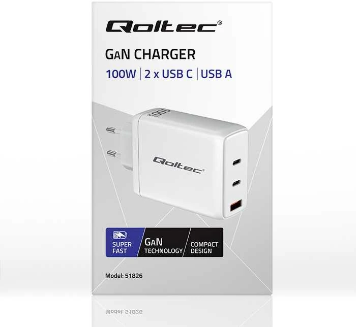 Adapteris Įkroviklis tinklo 100 W gan 5-20 V 15-5 A 2 x usb-c pd 1 usb qc 3.0 baltas Qoltec