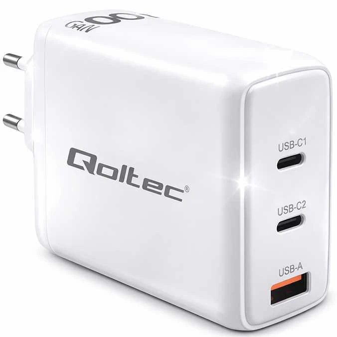 Adapteris Įkroviklis tinklo 100 W gan 5-20 V 15-5 A 2 x usb-c pd 1 usb qc 3.0 baltas Qoltec