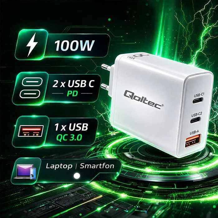 Adapteris Įkroviklis tinklo 100 W gan 5-20 V 15-5 A 2 x usb-c pd 1 usb qc 3.0 baltas Qoltec