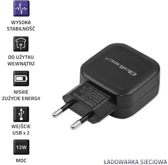 QOLTEC 50185 kintamosios srovės adapteris 12W 5V 2,4A 2xUSB