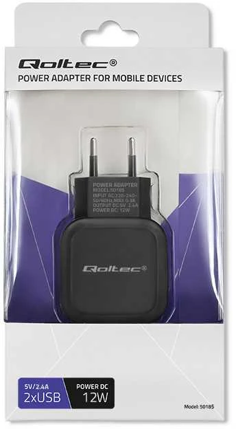 Qoltec tinklo įkroviklis su 2 USB jungtimis pakuotėje