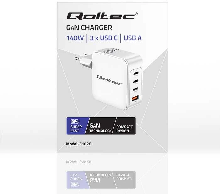 Adapteris Įkroviklis tinklo 140w gan 5-20v 2.5-5a 3 x usb-c pd 1 usb qc 3.0 baltas Qoltec