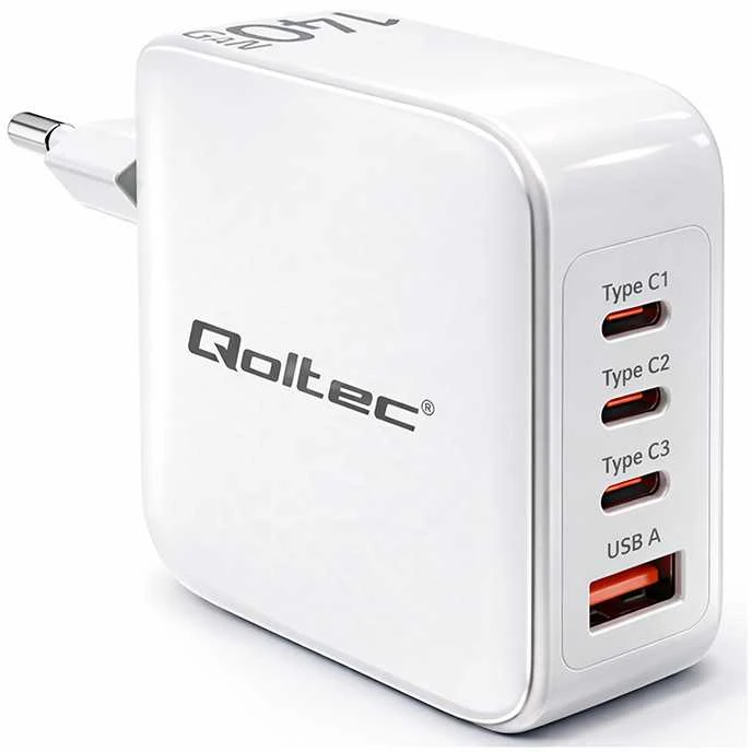 Adapteris Įkroviklis tinklo 140w gan 5-20v 2.5-5a 3 x usb-c pd 1 usb qc 3.0 baltas Qoltec