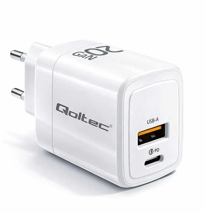 Adapteris Įkroviklis tinklo 20w gan 5-20v 1.5-3a 1 x usb-c pd usb qc 3.0 baltas Qoltec