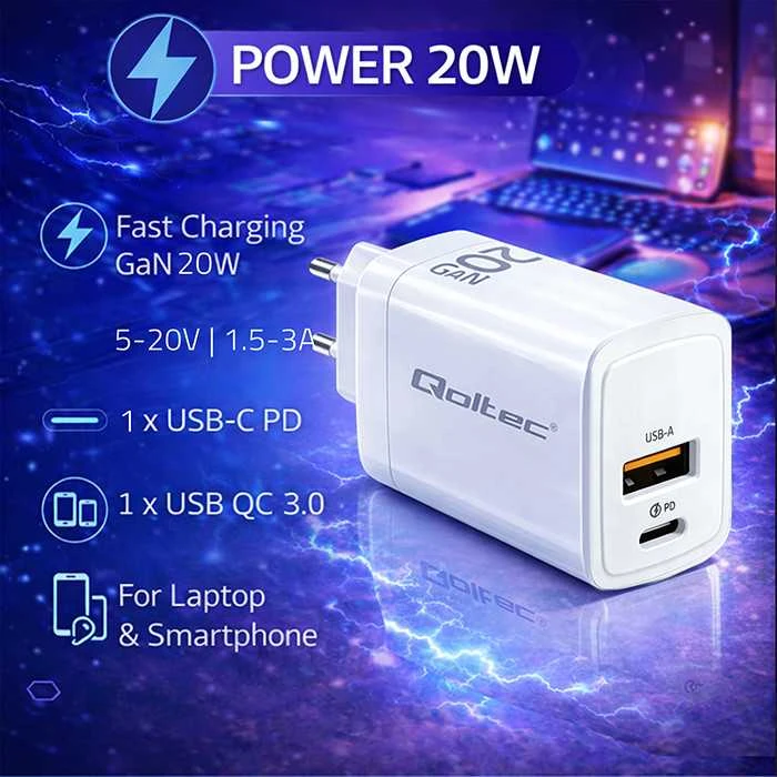 Adapteris Įkroviklis tinklo 20w gan 5-20v 1.5-3a 1 x usb-c pd usb qc 3.0 baltas Qoltec