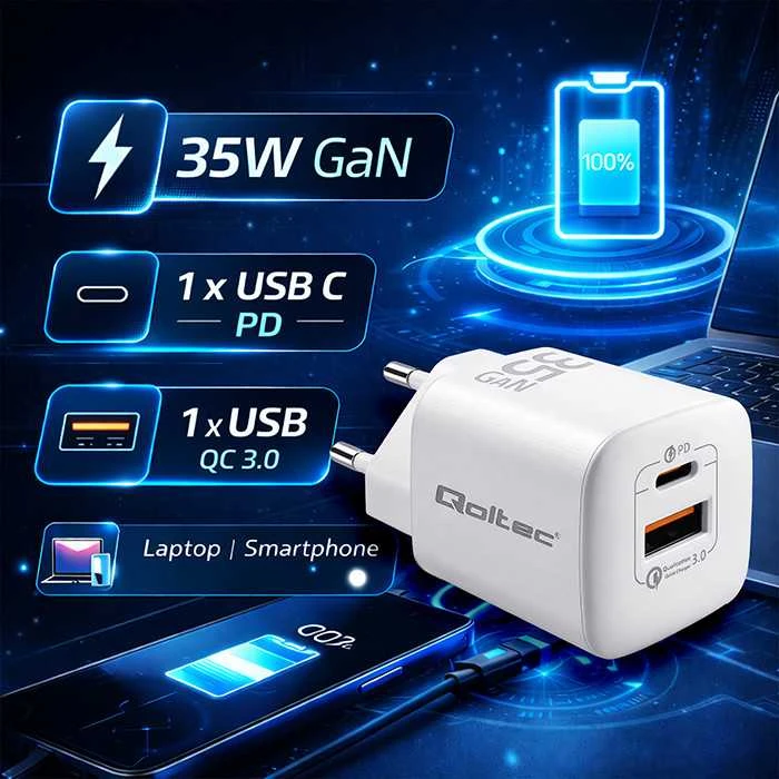 QOLTEC 50763 GaN ULTRA 35W įkroviklis / 5-20V / 2,25 3A / 1 x USB tipo C PD / 1x USB / Baltas