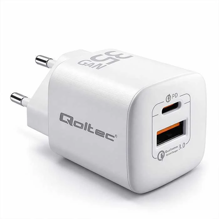 QOLTEC 50763 GaN ULTRA 35W įkroviklis / 5-20V / 2,25 3A / 1 x USB tipo C PD / 1x USB / Baltas