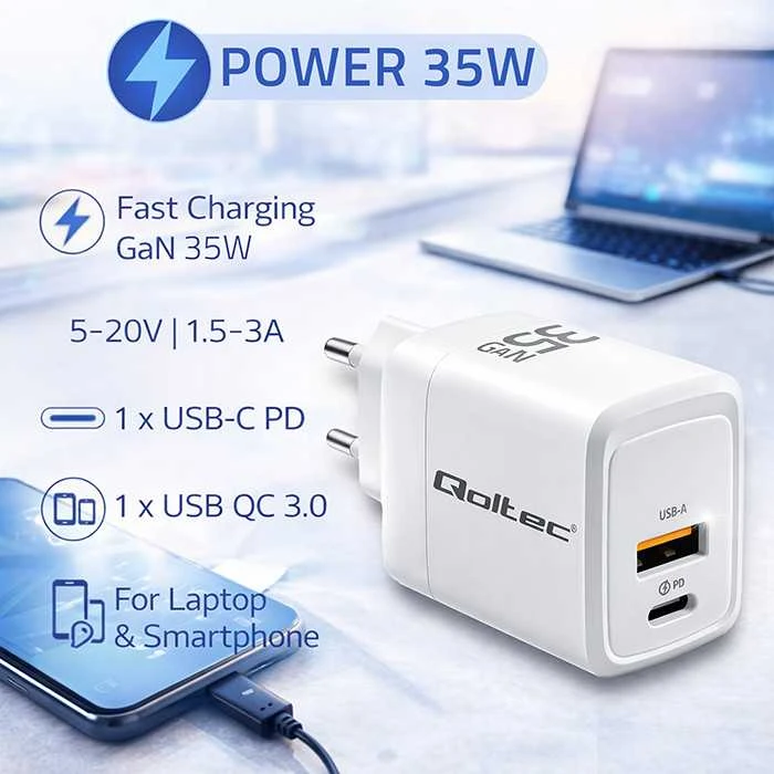 Qoltec 35W GaN| 5-20V | 1.5-3A | 1 x USB-C PD | 1 x USB QC 3.0 | Balta
