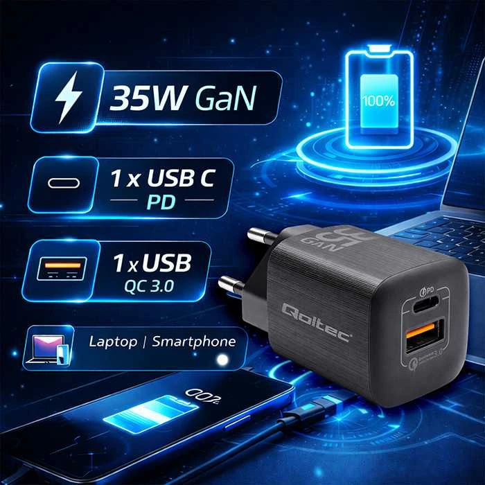 QOLTEC 50764 GaN ULTRA 35W charger / 5-20V / 2.25 3A / 1 x USB type C PD / 1x USB / Juodas