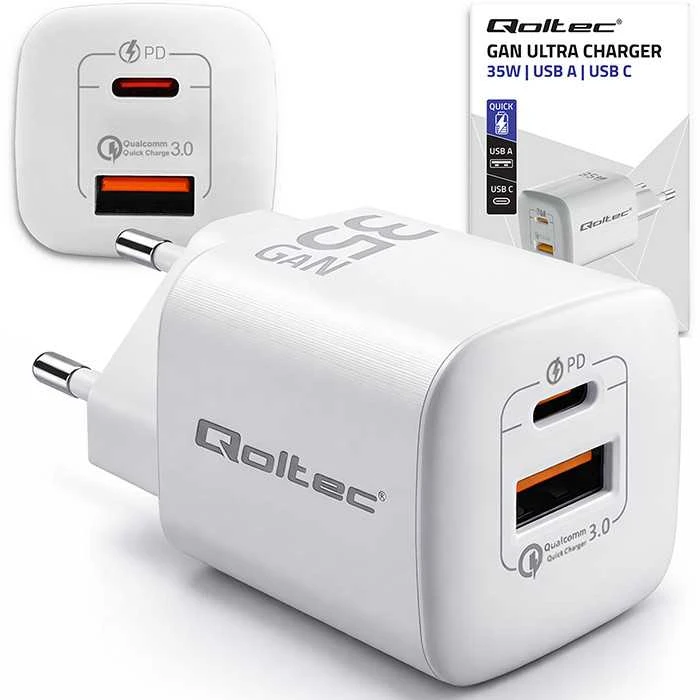 QOLTEC 50763 GaN ULTRA 35W įkroviklis / 5-20V / 2,25 3A / 1 x USB tipo C PD / 1x USB / Baltas