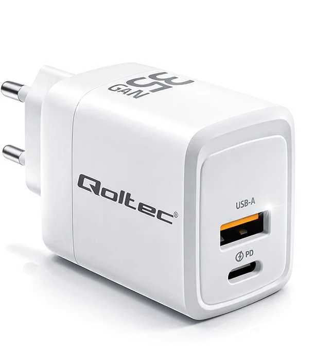 Qoltec 35W GaN| 5-20V | 1.5-3A | 1 x USB-C PD | 1 x USB QC 3.0 | Balta