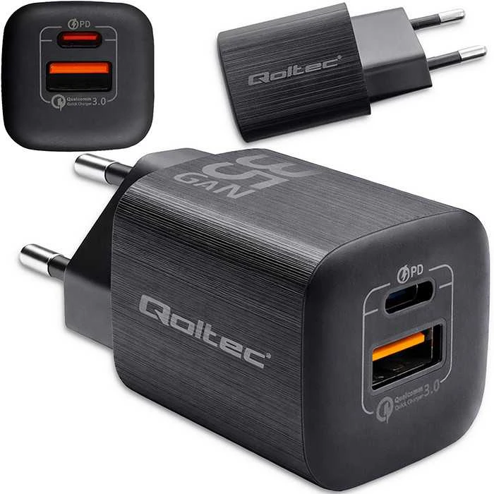 QOLTEC 50764 GaN ULTRA 35W charger / 5-20V / 2.25 3A / 1 x USB type C PD / 1x USB / Juodas