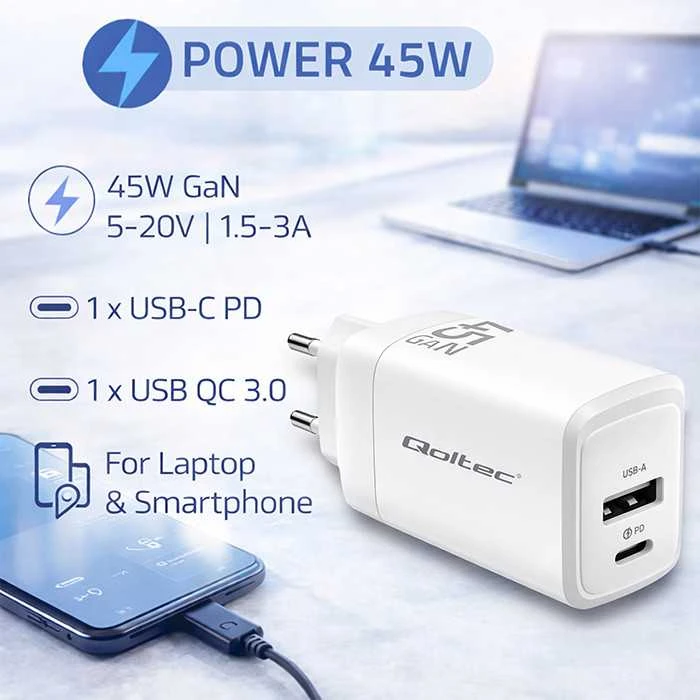 Qoltec GaN 45W įkroviklis su USB-A ir USB-C jungtimis