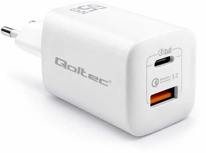QOLTEC 50765 GaN ULTRA 65w įkroviklis / 5-20V / 2,25 3,25A / 1 x USB tipo C PD / 1x USB / Baltas