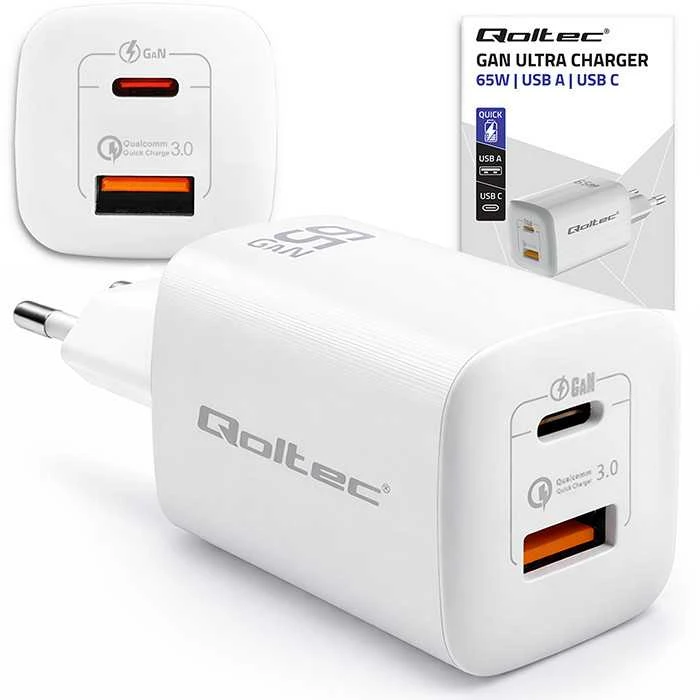 QOLTEC 50765 GaN ULTRA 65w įkroviklis / 5-20V / 2,25 3,25A / 1 x USB tipo C PD / 1x USB / Baltas