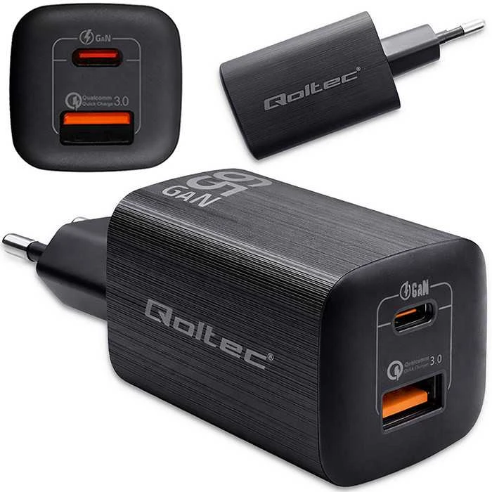QOLTEC 50766 GaN ULTRA 65W charger / 5-20V / 2.25 3.25A / 1 x USB type C PD / 1x USB / Juodas