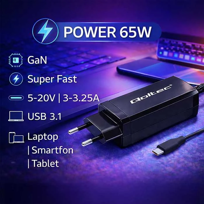 „Qoltec 52419“ 65 W „GaN“ itin greitas įkroviklis | 5–20 V | 3–3,25 A | USB-C 3.1