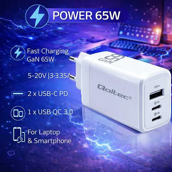 Adapteris Įkroviklis tinklo 65w gan 5-20v 3-3.35a 2 x usb-c pd 1 usb qc 3.0 baltas Qoltec