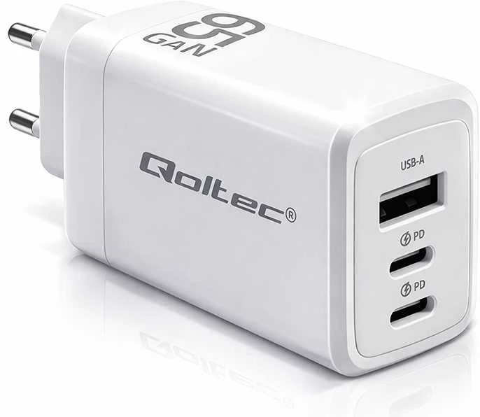 Adapteris Įkroviklis tinklo 65w gan 5-20v 3-3.35a 2 x usb-c pd 1 usb qc 3.0 baltas Qoltec