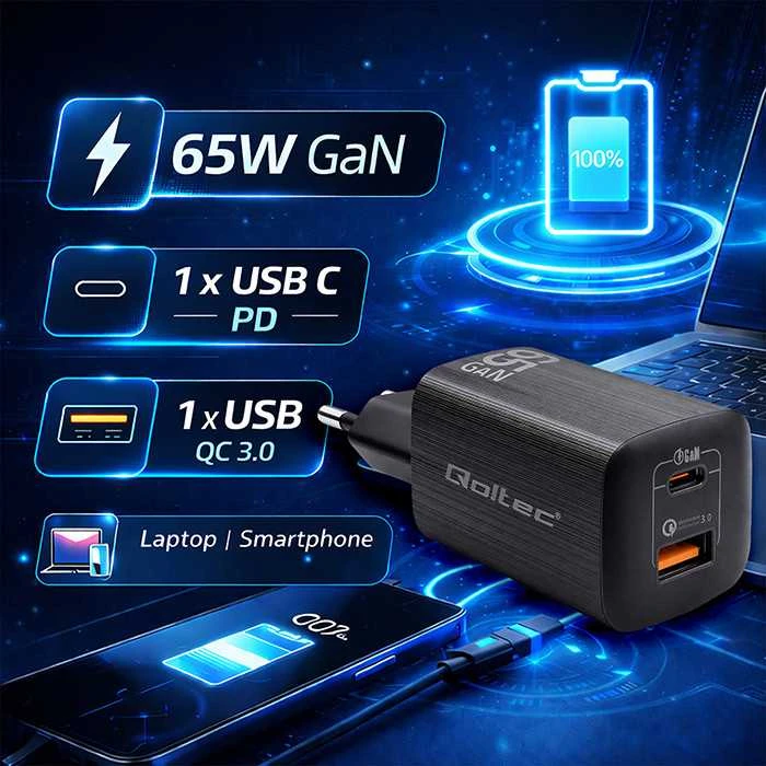QOLTEC 50766 GaN ULTRA 65W charger / 5-20V / 2.25 3.25A / 1 x USB type C PD / 1x USB / Juodas