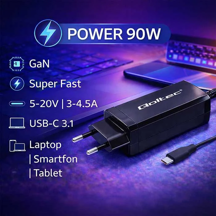 „Qoltec 52420“ 90 W „GaN“ itin greitas įkroviklis | 5–20 V | 3–4,5 A | USB-C 3.1