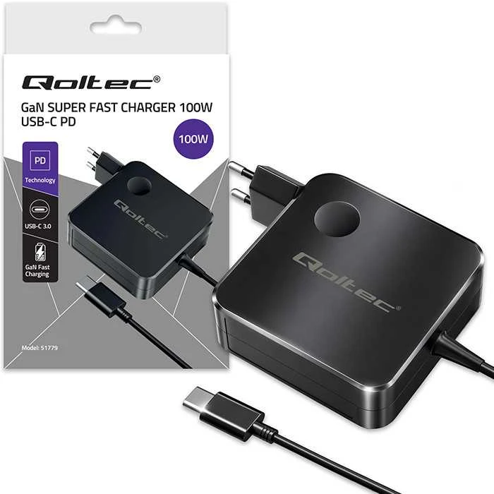Qoltec 100W GaN Super Fast | USB-C PD | 5-20V | 3-5A | Nešiojamas kompiuteris | MacBook | Išmanusis telefonas | + kabelis 1.8m