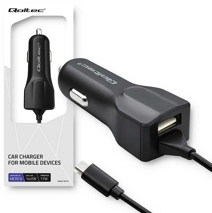 QOLTEC 50143 Automobilinis įkroviklis 12V-24V 5V/3.4A USB + mikro USB