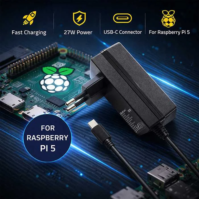 Qoltec Įkroviklis Super FAST PD do Raspberry PI 5 | USB-C | 27W | 5.1V | 5A | Juoda