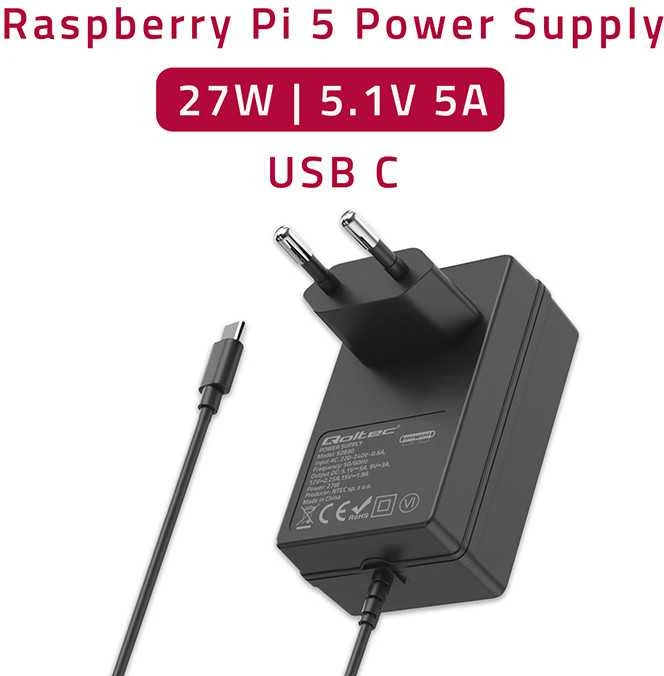 Qoltec USB-C įkroviklis Raspberry Pi 5 su integruotu laidu
