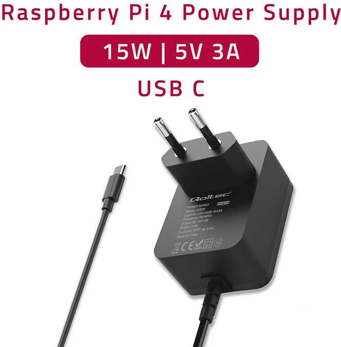 Qoltec Super FAST PD įkroviklis Raspberry PI 4 USB-C 15W 5V 3A juodas