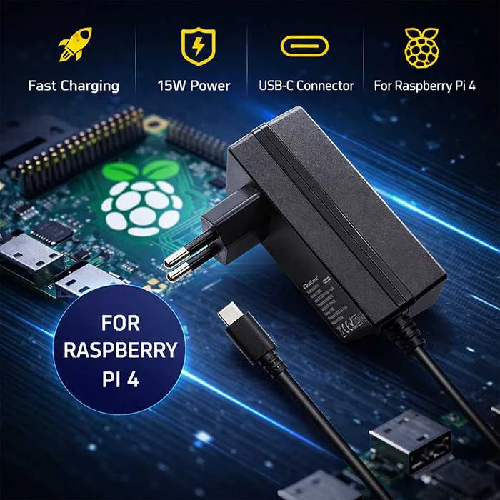 Qoltec Super FAST PD įkroviklis Raspberry PI 4 USB-C 15W 5V 3A juodas