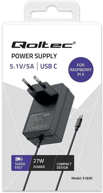 Qoltec Įkroviklis Super FAST PD do Raspberry PI 5 | USB-C | 27W | 5.1V | 5A | Juoda