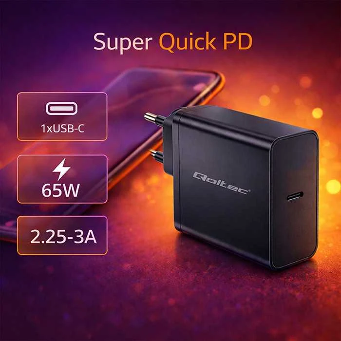 Maitinimo Adapteris - Qoltec 52379 65W PD Įkroviklis USB-C Juodas