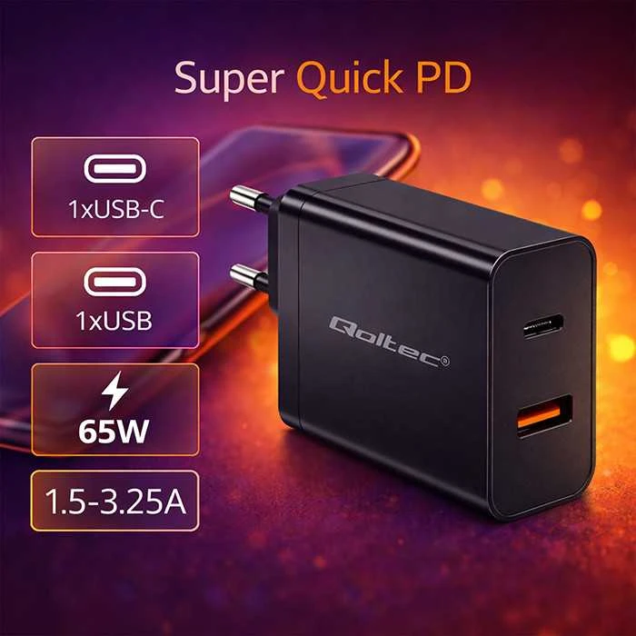 Įkroviklis - Qoltec 52380 65W PD USB-C & USB Juodas
