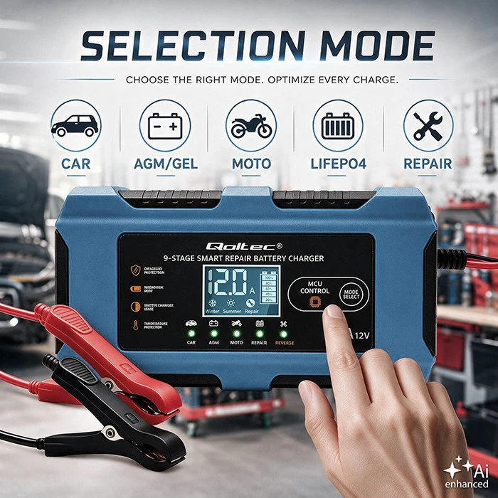 Qoltec Protingas įkroviklis 12V 6A | Įkroviklis su atkūrimo funkcija | MCU | Automatinis išjungimas | 9 pakopų įkrovimas | AGM GEL LiFePO4