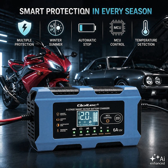 Qoltec Inteligentna kroviklis 12V 6A | Prostownik su funkcija naprawy | MCU | Auto OFF | 9-stopniowe ładowanie | AGM GEL LiFePO4