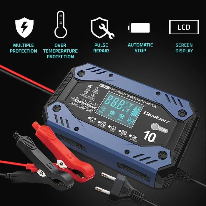 Qoltec 52482 vehicle battery charger 12/24 V Juodas, Mėlyna