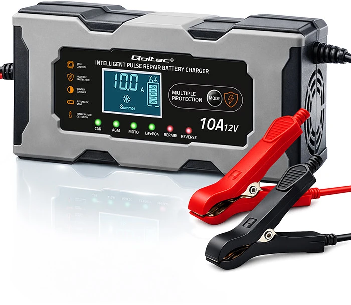 Qoltec Inteligentna mikroprocesorinis kroviklis 12V 10A | Prostownik su funkcija naprawy do akumulatora AGM GEL LiFePO4