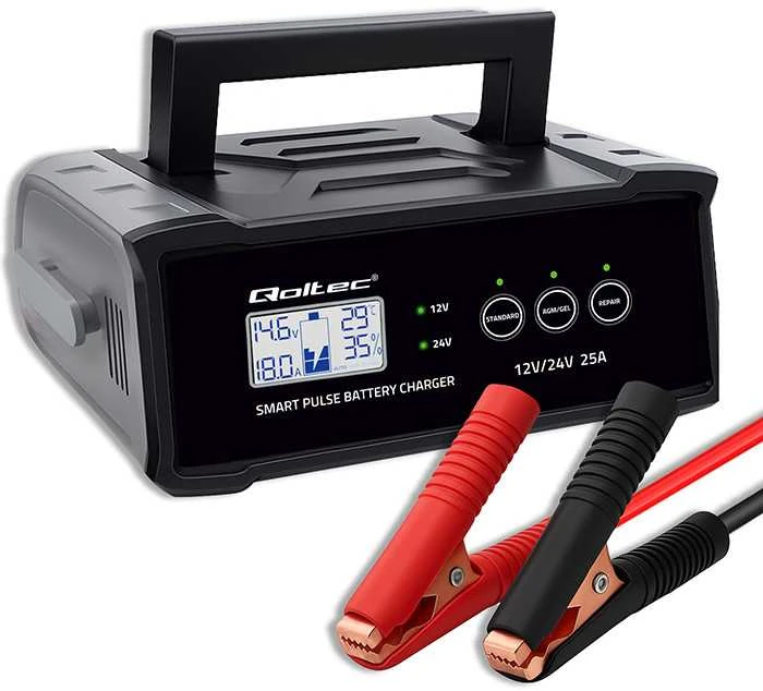 Qoltec 52514 Įkroviklis 12V 24V 25A | Lygintuvas su remonto funkcija AGM GEL SLA akumuliatoriui | LCD ekranas