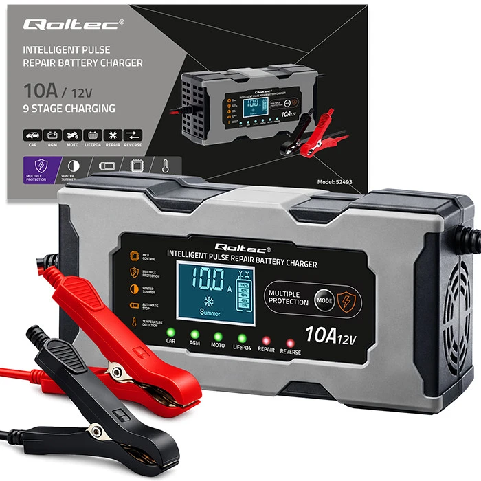 Qoltec Inteligentna mikroprocesorinis kroviklis 12V 10A | Prostownik su funkcija naprawy do akumulatora AGM GEL LiFePO4