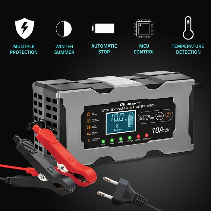 Qoltec Inteligentna mikroprocesorinis kroviklis 12V 10A | Prostownik su funkcija naprawy do akumulatora AGM GEL LiFePO4